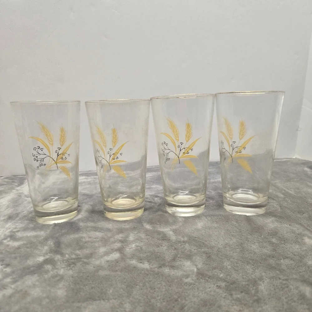 Vintage Golden Wheat Glass Tumblers Set of 4 Gold Rim Mid Century Farmhouse